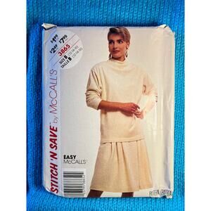 McCalls 3865 Sewing pattern mock neck pullover top drop waist skirt size 12 14